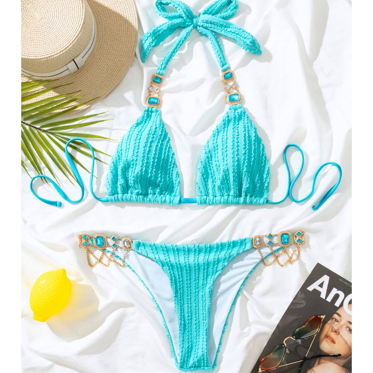 Lake Blue Bikini Set - Women Rhinestone Swimsuit _CWMW0697