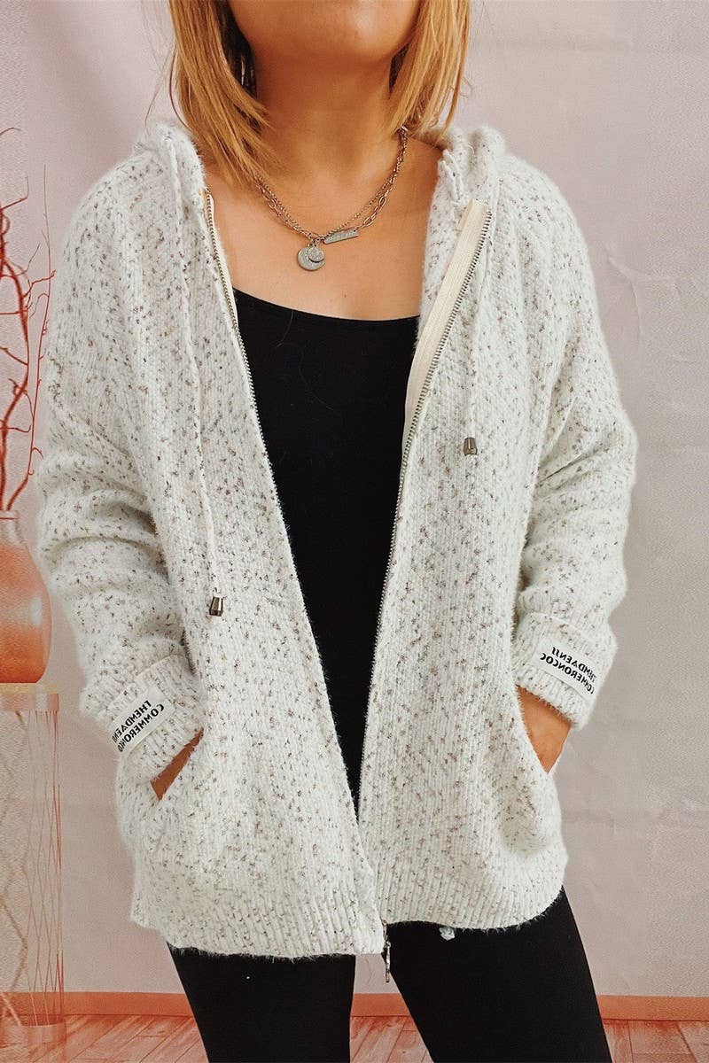 Hooded drawstring zipper pocket knit cardigan