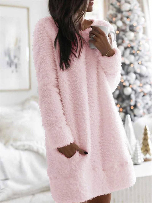 ROUND NECK SIMPLE STRAIGHT LEG PLUSH DRESS