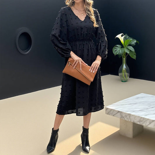 V-neck,cinched waist,woolen long-sleeved dress