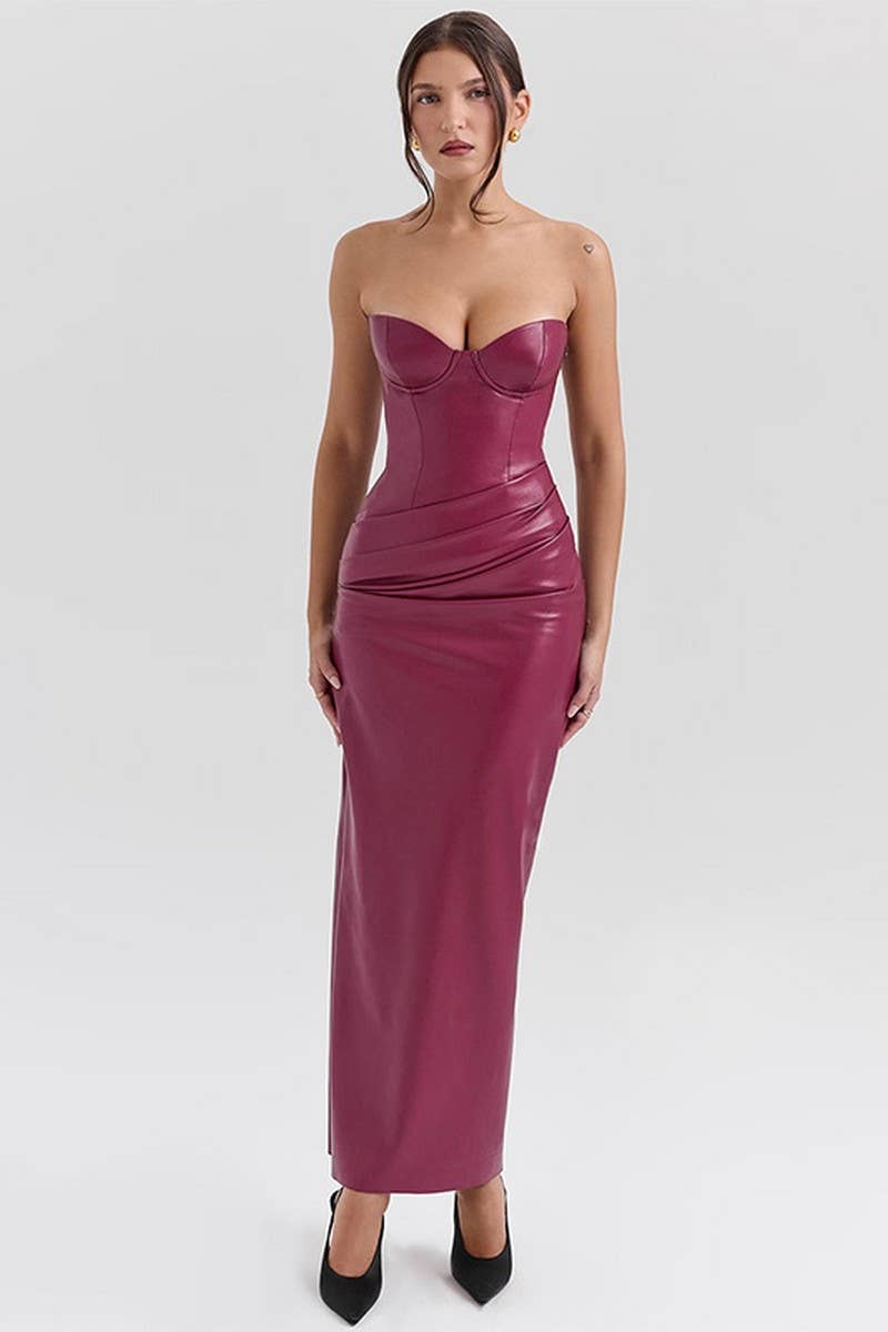 CWDTD0437_BACKLESS LEATHER STRAPLESS BODYCON DRESS