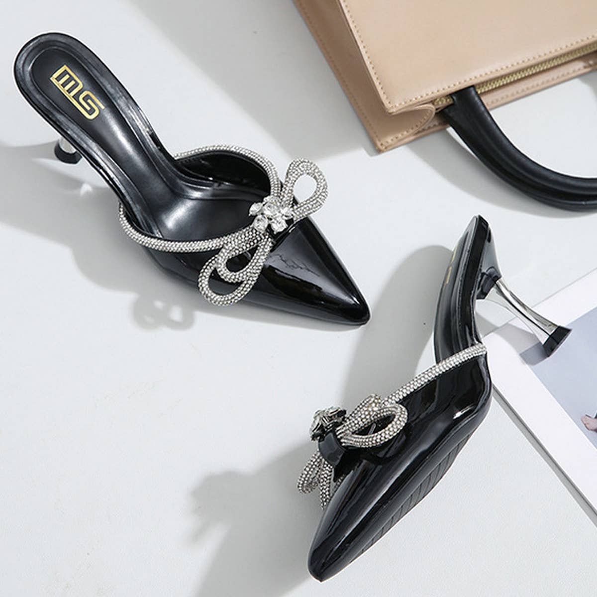 RHINESTONE BOW POINTED TOE HIGH HEELS