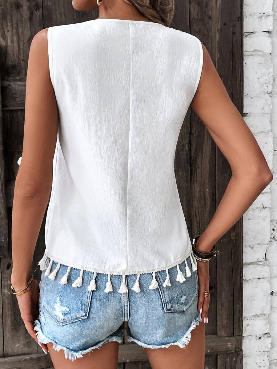 V-NECK EMBROIDERED STITCHING HEM BEARD BLOUSE