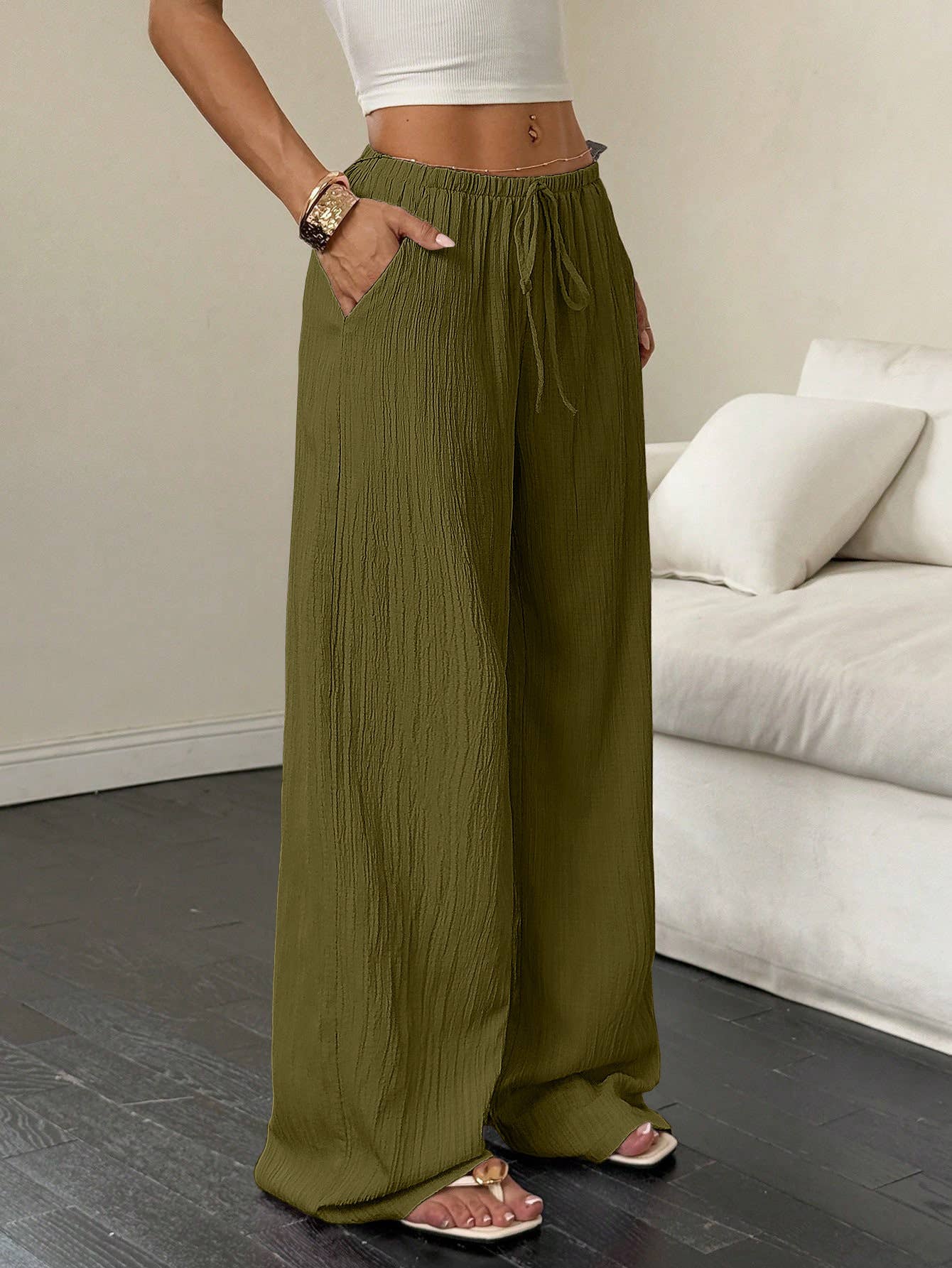 Solid-color textured drawstring wide-leg pants
