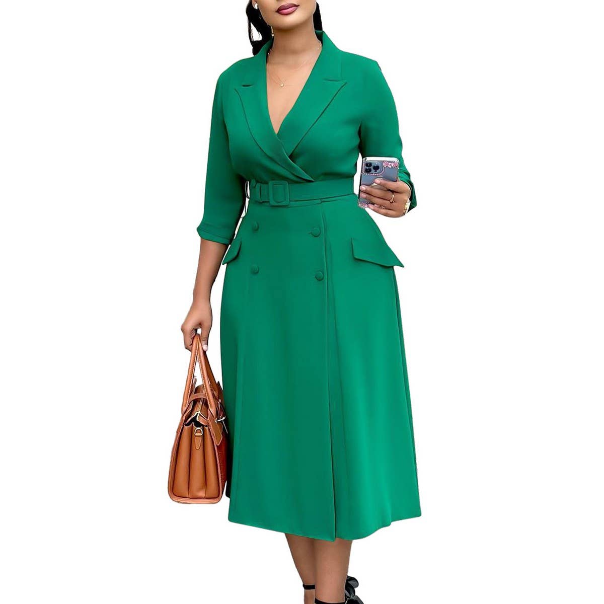 DOUBLE BREASTED SUIT COLLAR SOLID COLOR DRESS
