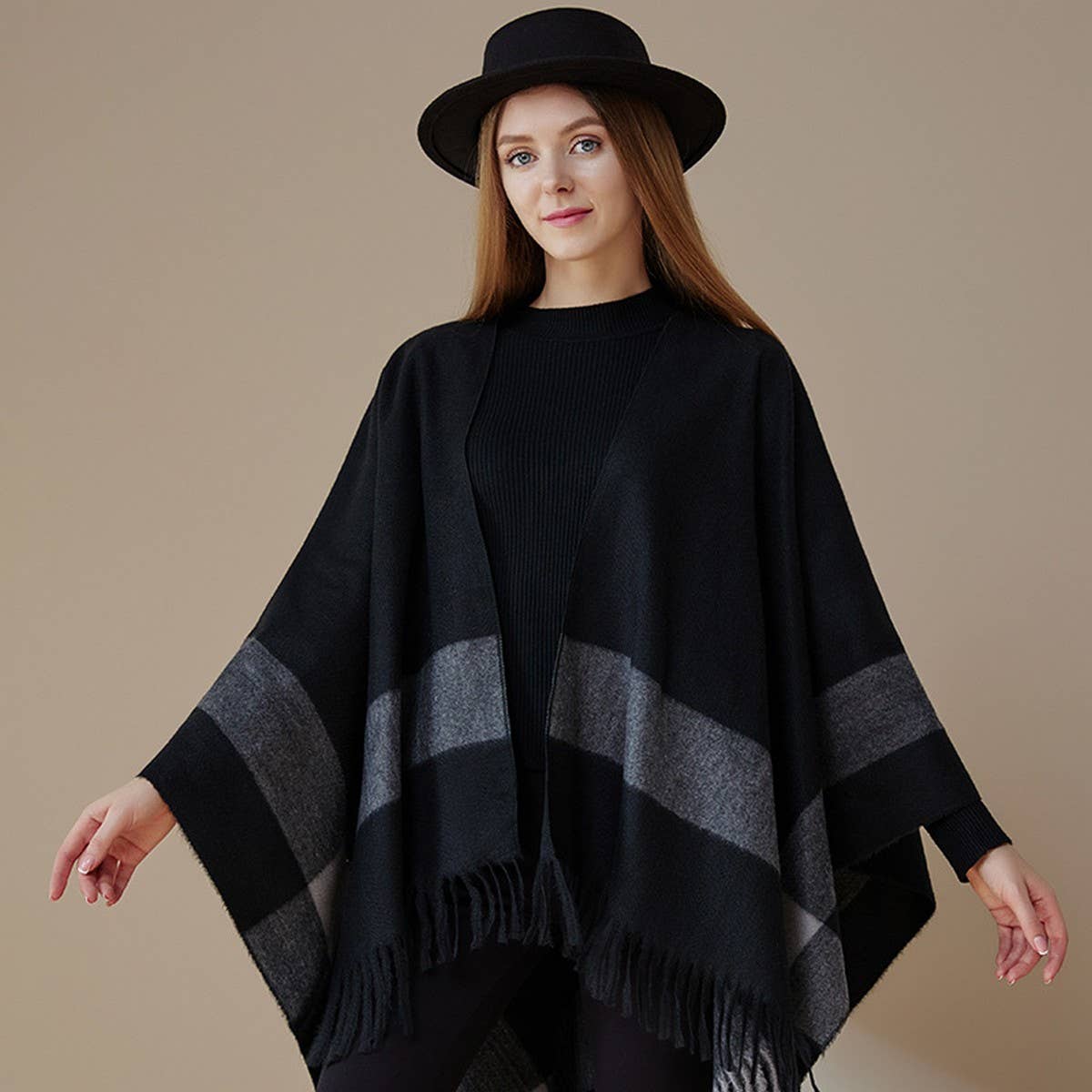 STRIPED FASHIONABLE SHAWL WITH FRINGE CAPE_CWASC2179
