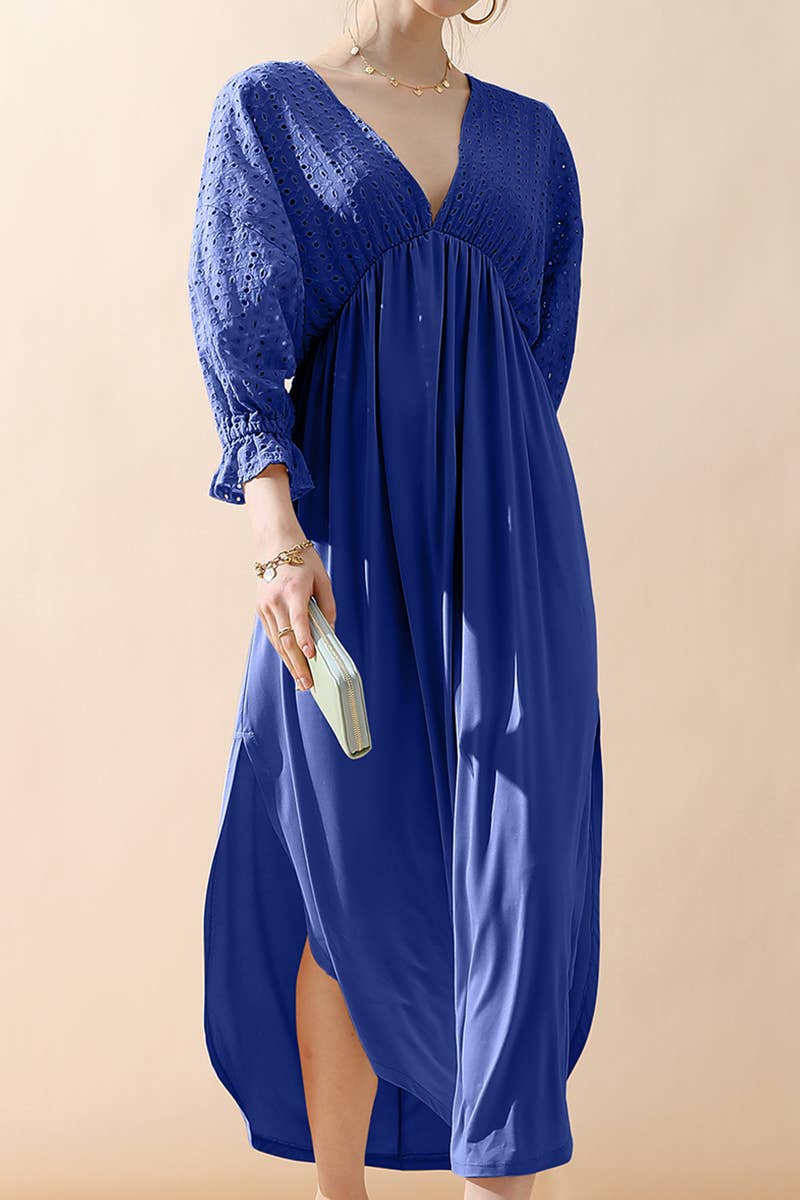 CWDMD795_3/4 SLEEVE V NECK LONG DRESS