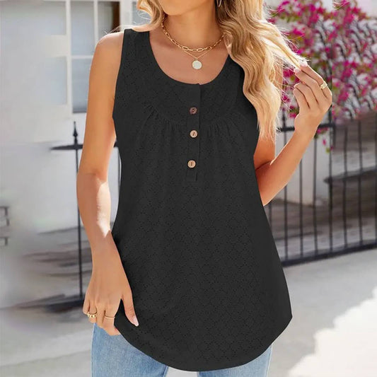 WOMEN ROUND NECK SLEEVELESS BUTTON CASUAL TOP_CWTSTSL0059