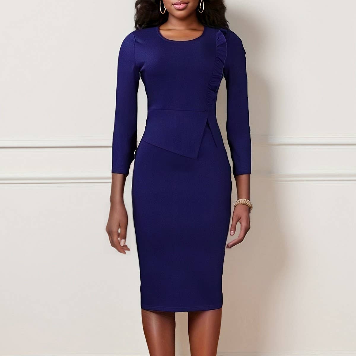 RUFFLE HEM SOLID COLOR ROUND NECK HIP DRESS