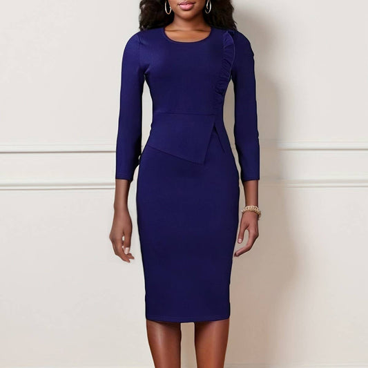 RUFFLE HEM SOLID COLOR ROUND NECK HIP DRESS