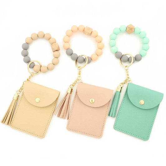 Solid PU Card Wallet with Tassel & Bead Strap_CWAB4967