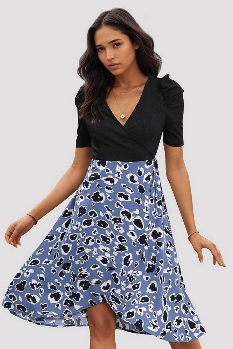 CWDSD7050_SUMMER TEMPERAMENT V-NECK SPLICING WRAP DRESS