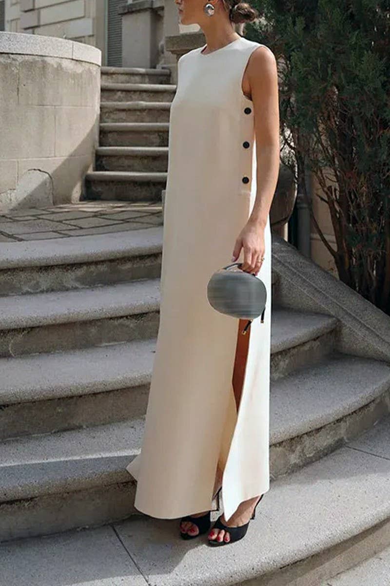 CWDMD6070_SLEEVELESS BUTTON SPLIT LOOSE CASUAL DRESS