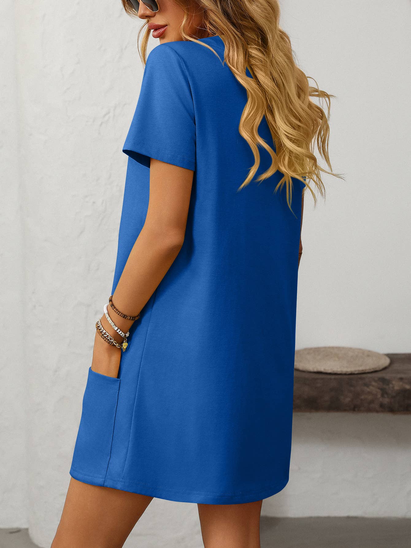 Square-neck short-sleeved casual pockets dress