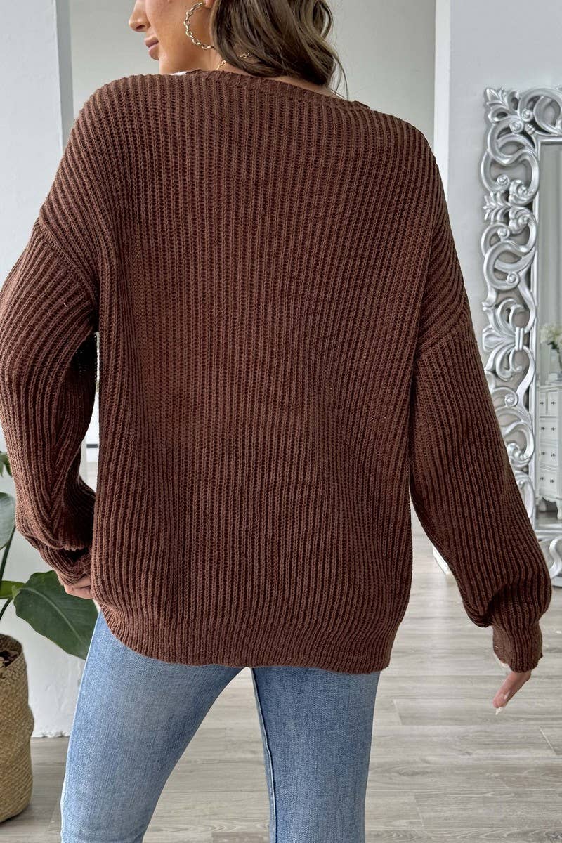 CWOSWL07387_WOMEN PEARL EMBELLISHED V NECK KNIT SWEATER