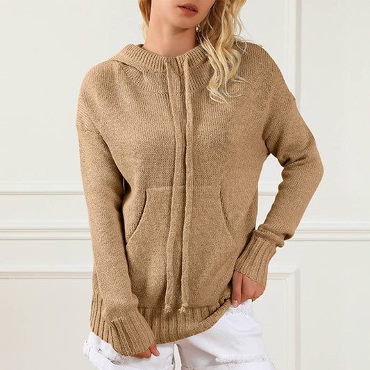 SOLID COLOR LOOSE DRAWSTRING POCKET LOOSE SWEATER