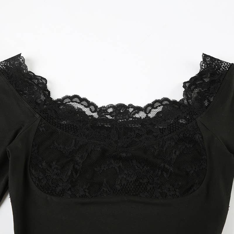 U-neck slim fit lace patchwork long sleeve Top