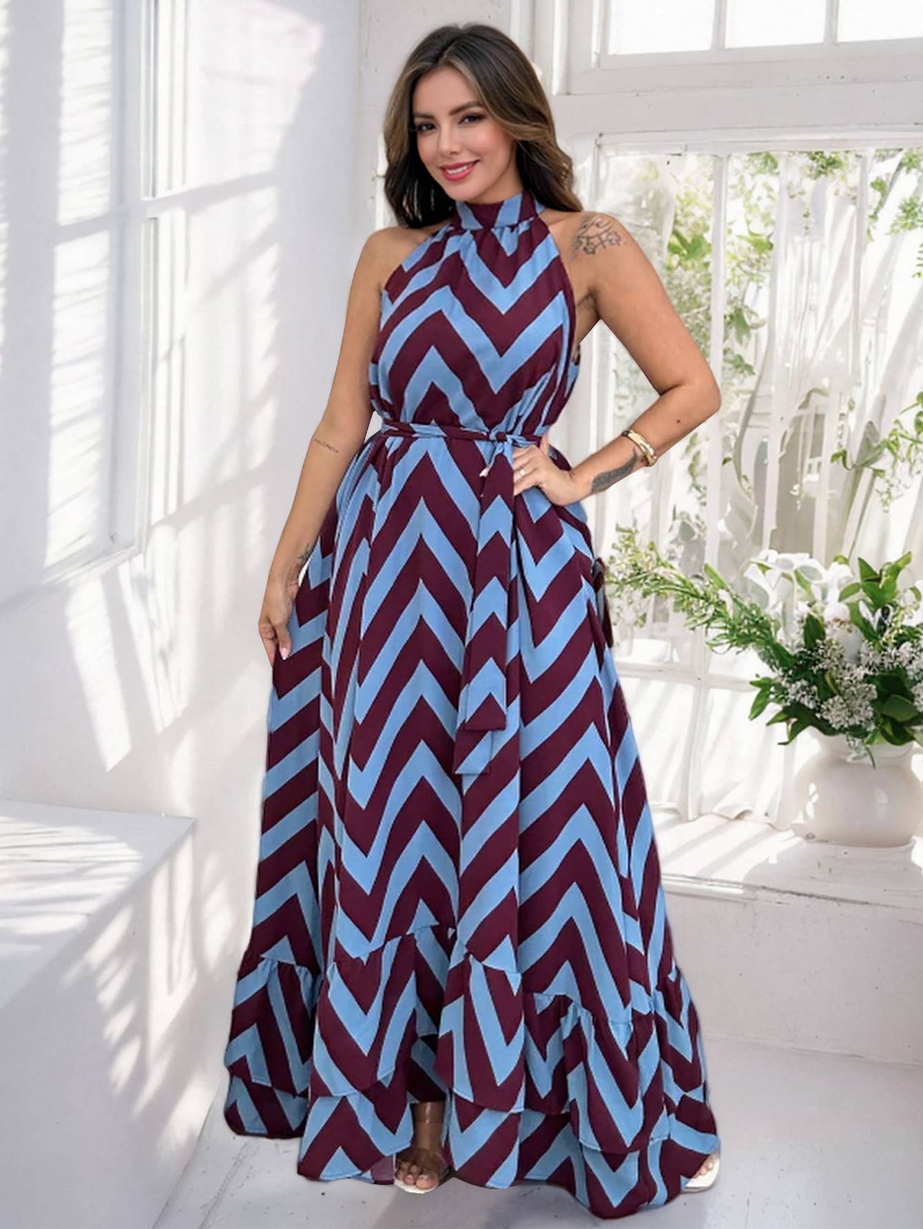 Sexy Sleeveless High Neck Wave Stripe Dress