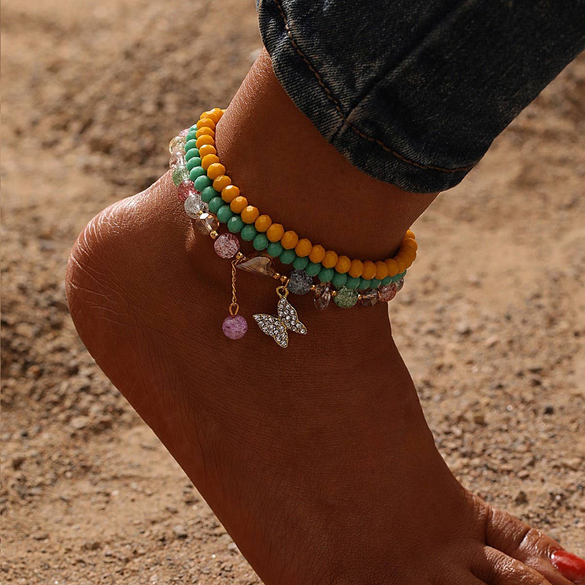 Boho Crystal & Beaded Anklet Set Butterfly Pendant_CWMM6361