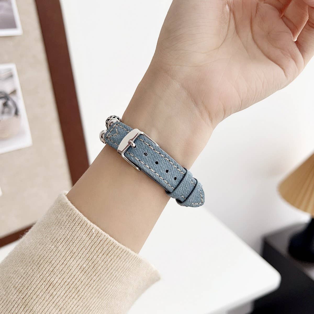 IWATCH9-1 14MM TIBETAN SILVER DENIM LEATHER STRAP