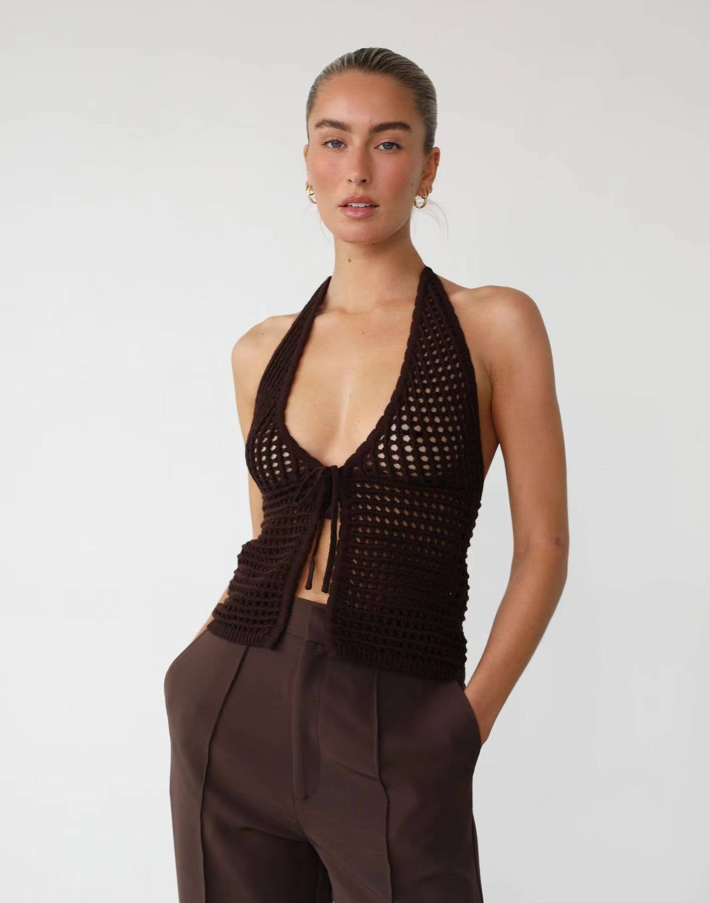 SEXY COMFORTABLE PICK HOLE CARDIGAN HALTER TOP