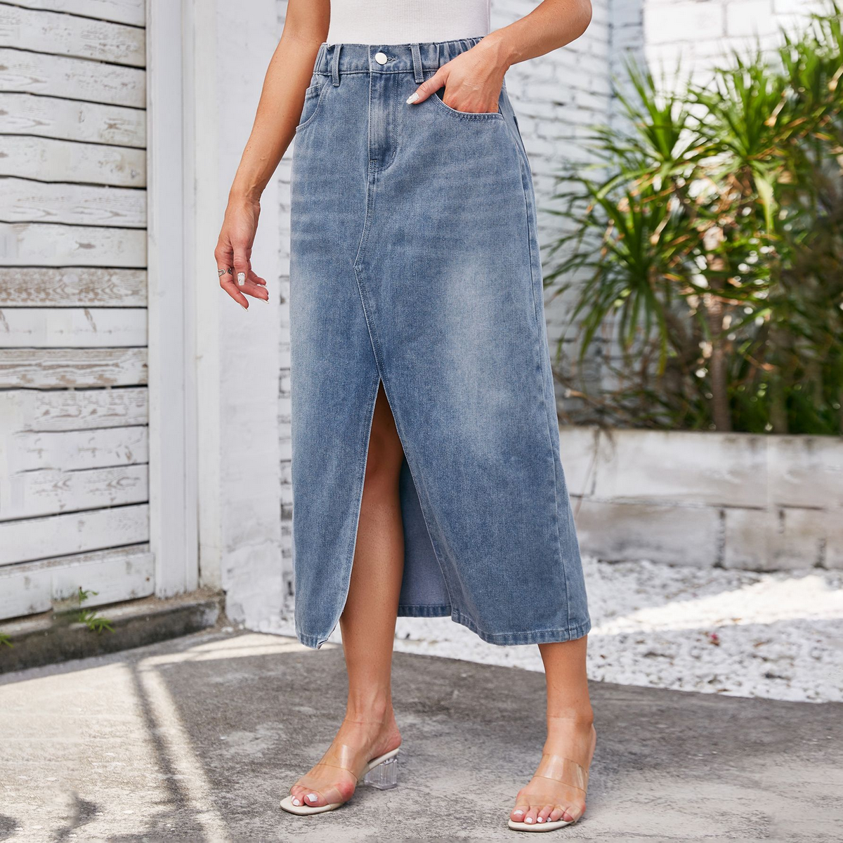 Women??¢s Washed Denim Midi Skirt with Slit_CWJSK0196
