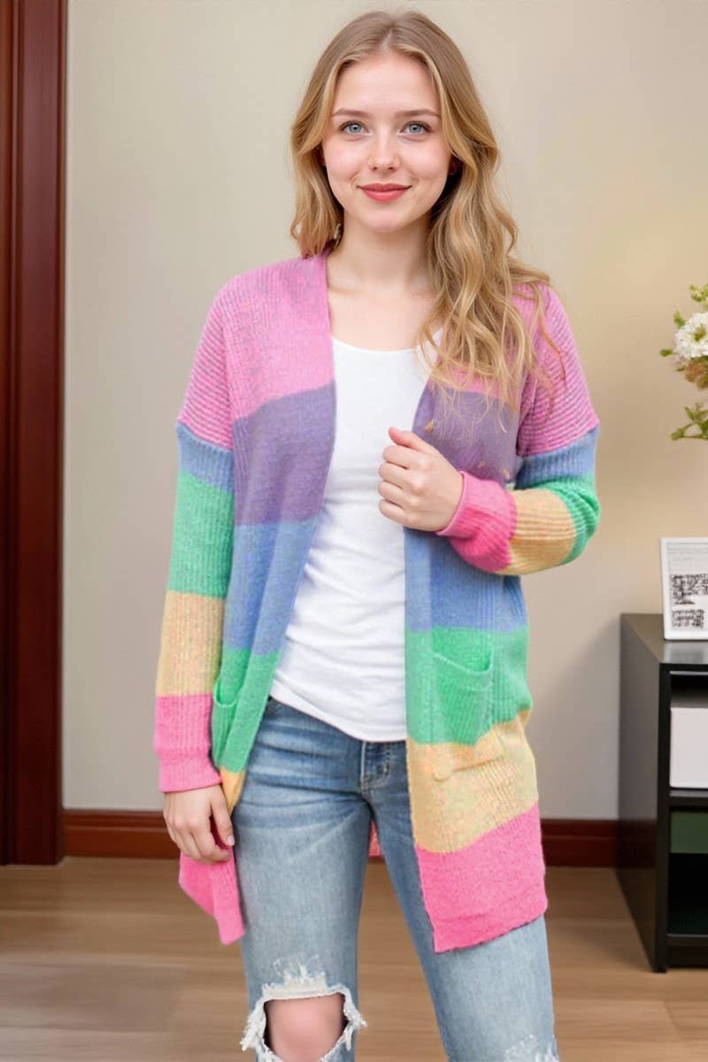 CWOCAL00701_LOOSE COLORBLOCK STRIPED LONG KNIT CARDIGAN