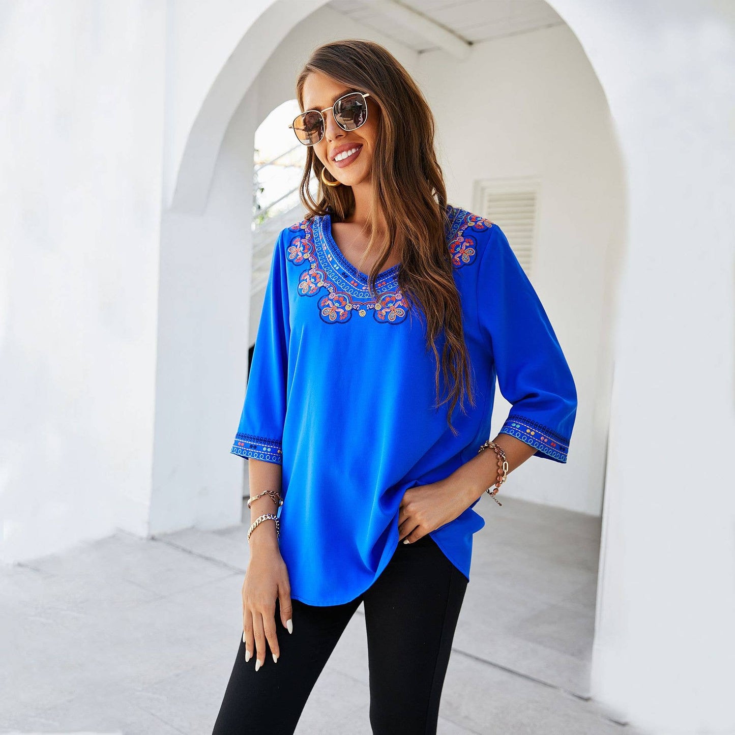 Ethnic style V-neck chiffon top