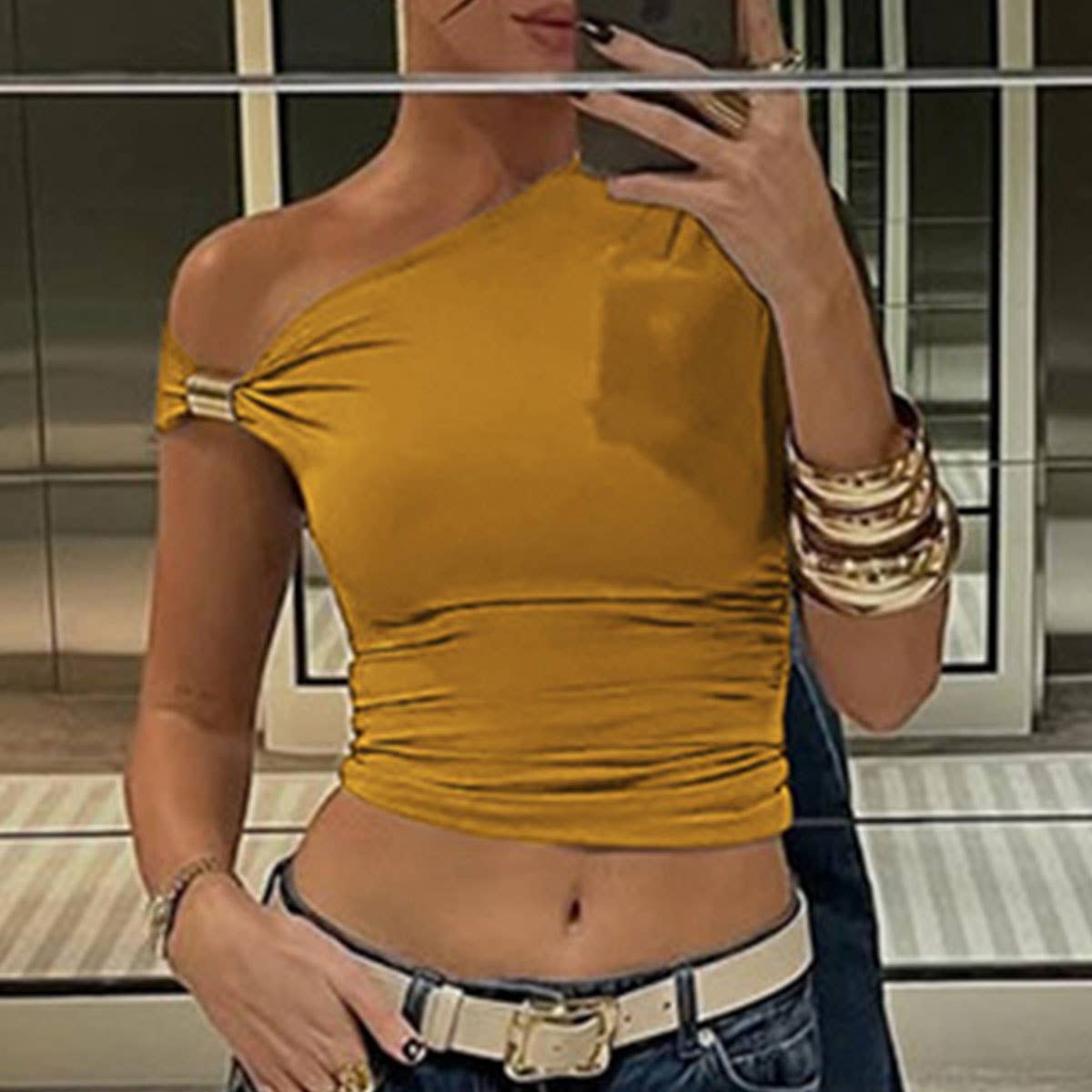 Solid One Shoulder Crop Top