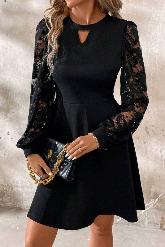 CWDSD6893_BLACK LACE LONG SLEEVE FLARED HEM DRESS