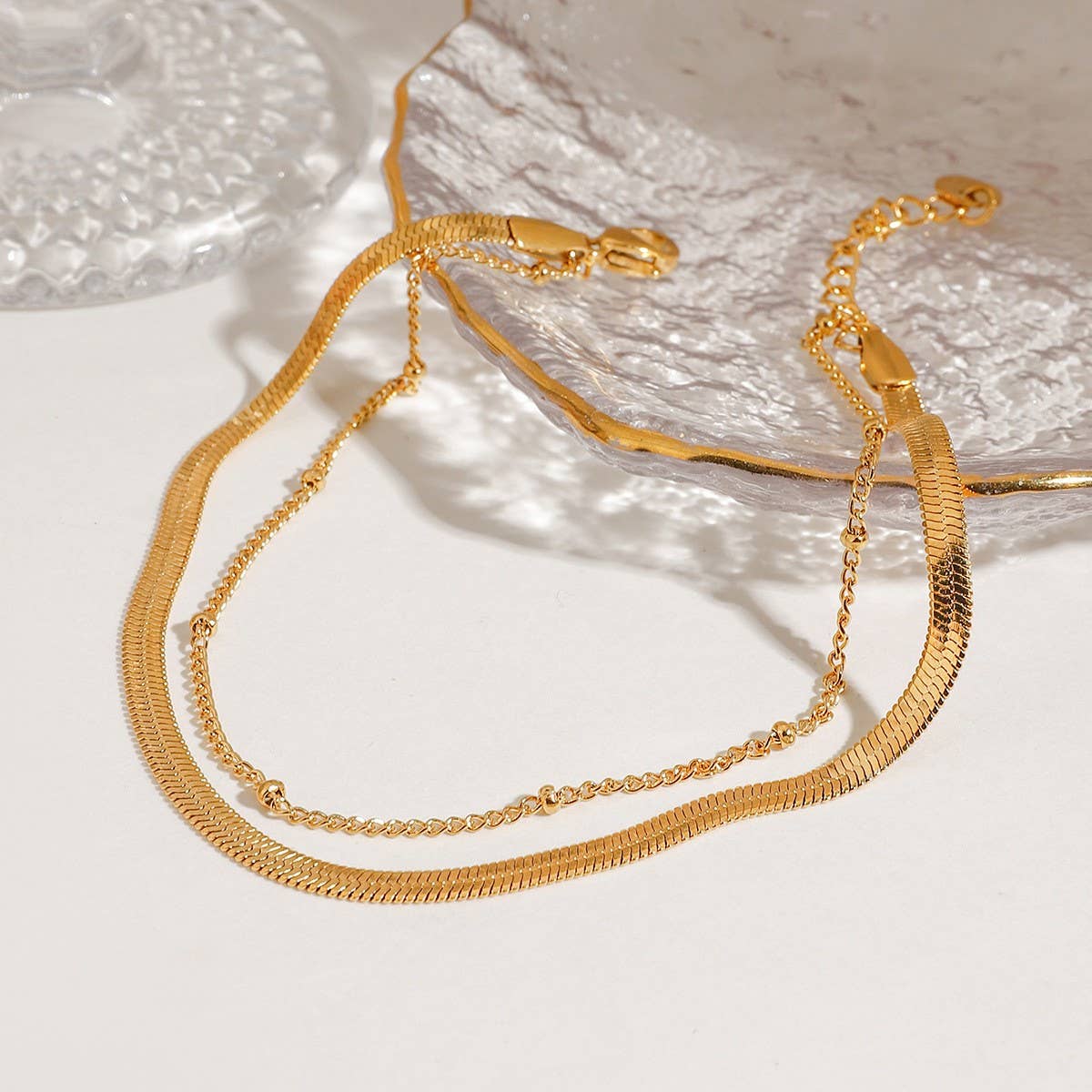 18K Gold Blade & Bead Double Layer Anklet_CWAJE4749