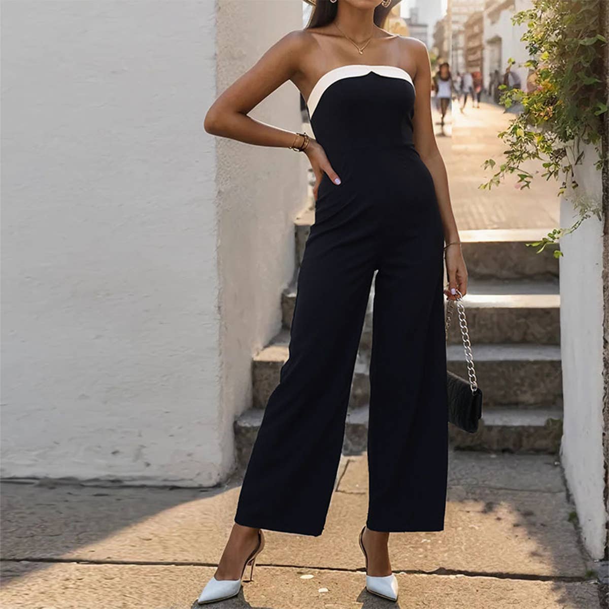 PATCHWORK STRAPLESS SLEEVELESS JUMPSUIT