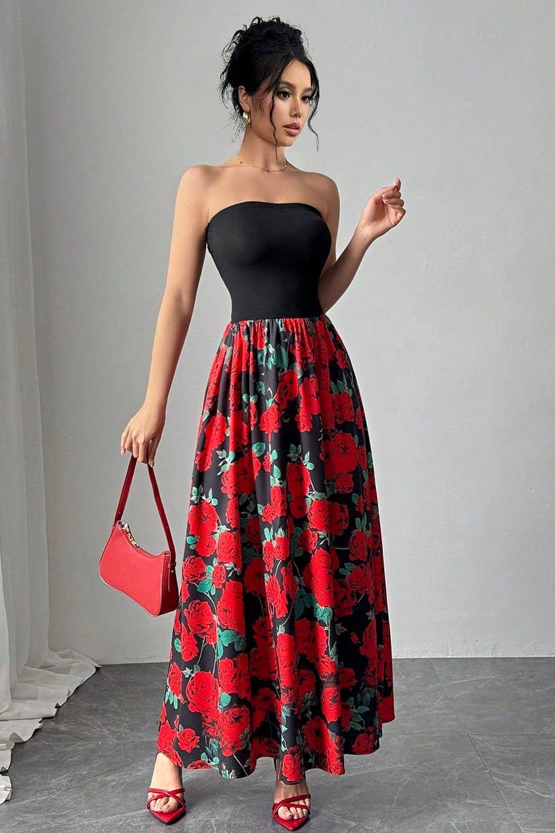 CWDMD5750_ROSE PRINT PATCHWORK STRAPLESS MAXI DRESS
