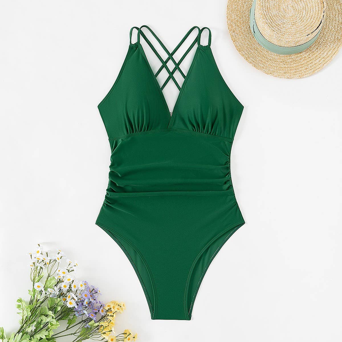 SEXY PLEATED BACK HOLLOW SLIM ONE-PIECE SWIMSUIT