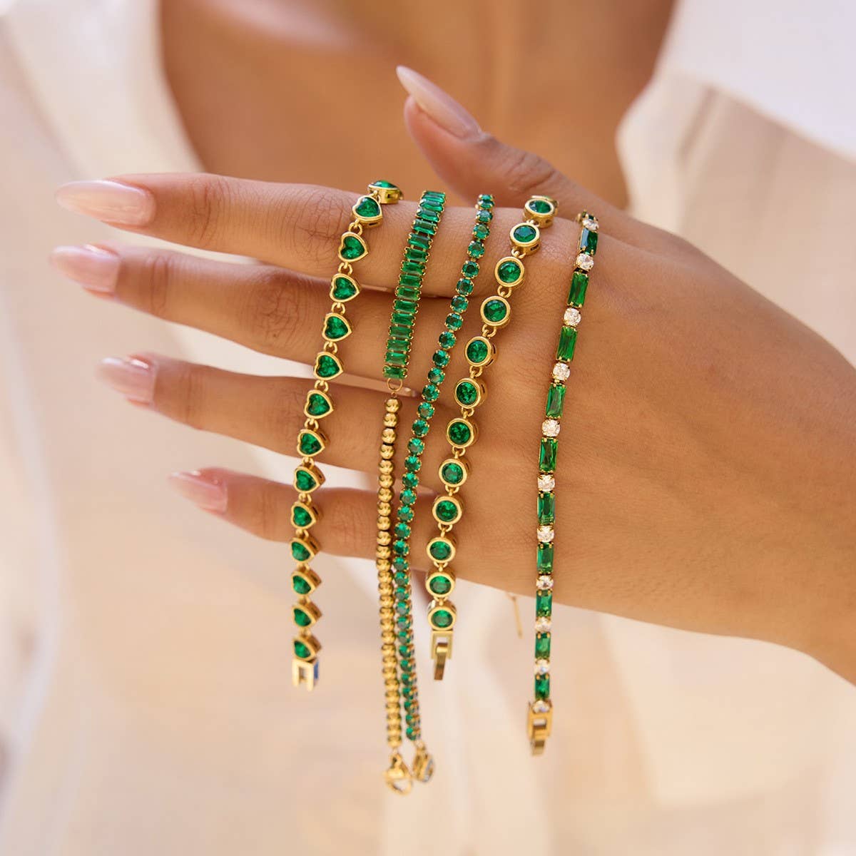18K Gold Green Zircon Tennis Chain Bracelet_CWAJE4780