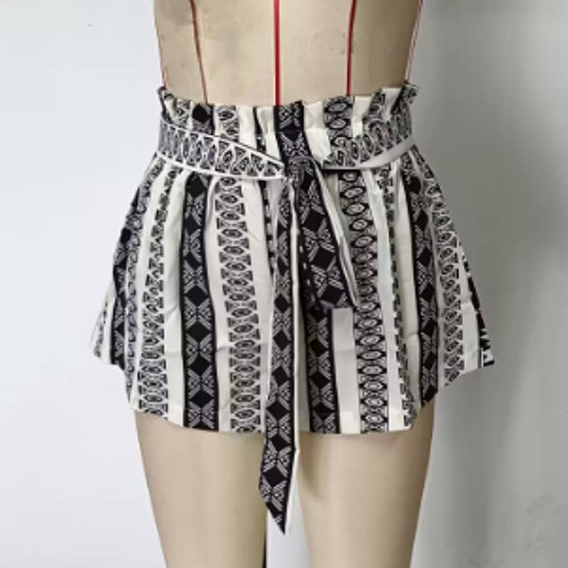 Printed High Waist Belted Slim Fit Casual Shorts