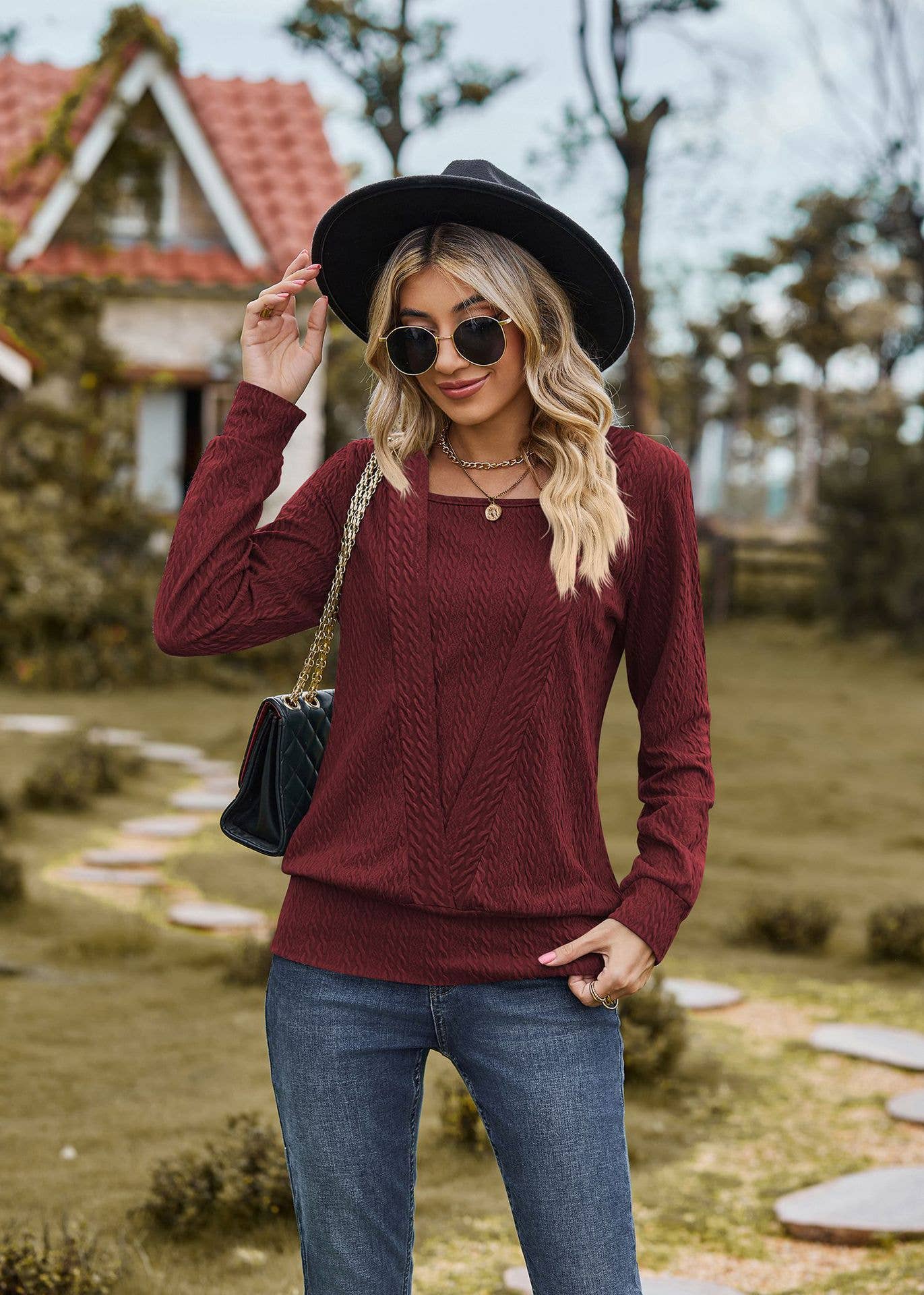SQUARE NECK CROSS LONG SLEEVE LOOSE T-SHIRT