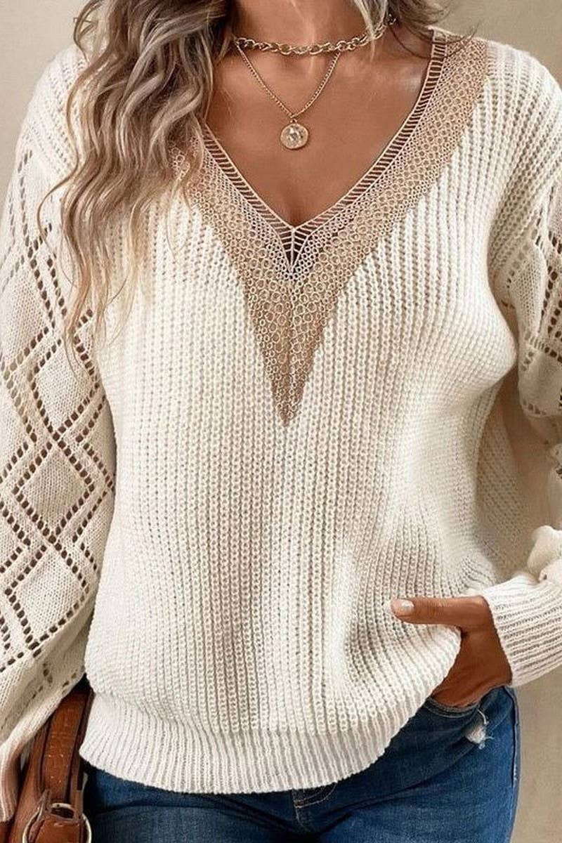 CWOSWL07367_V NECK LACE TRIM LOOSE PULLOVER KNIT SWEATER