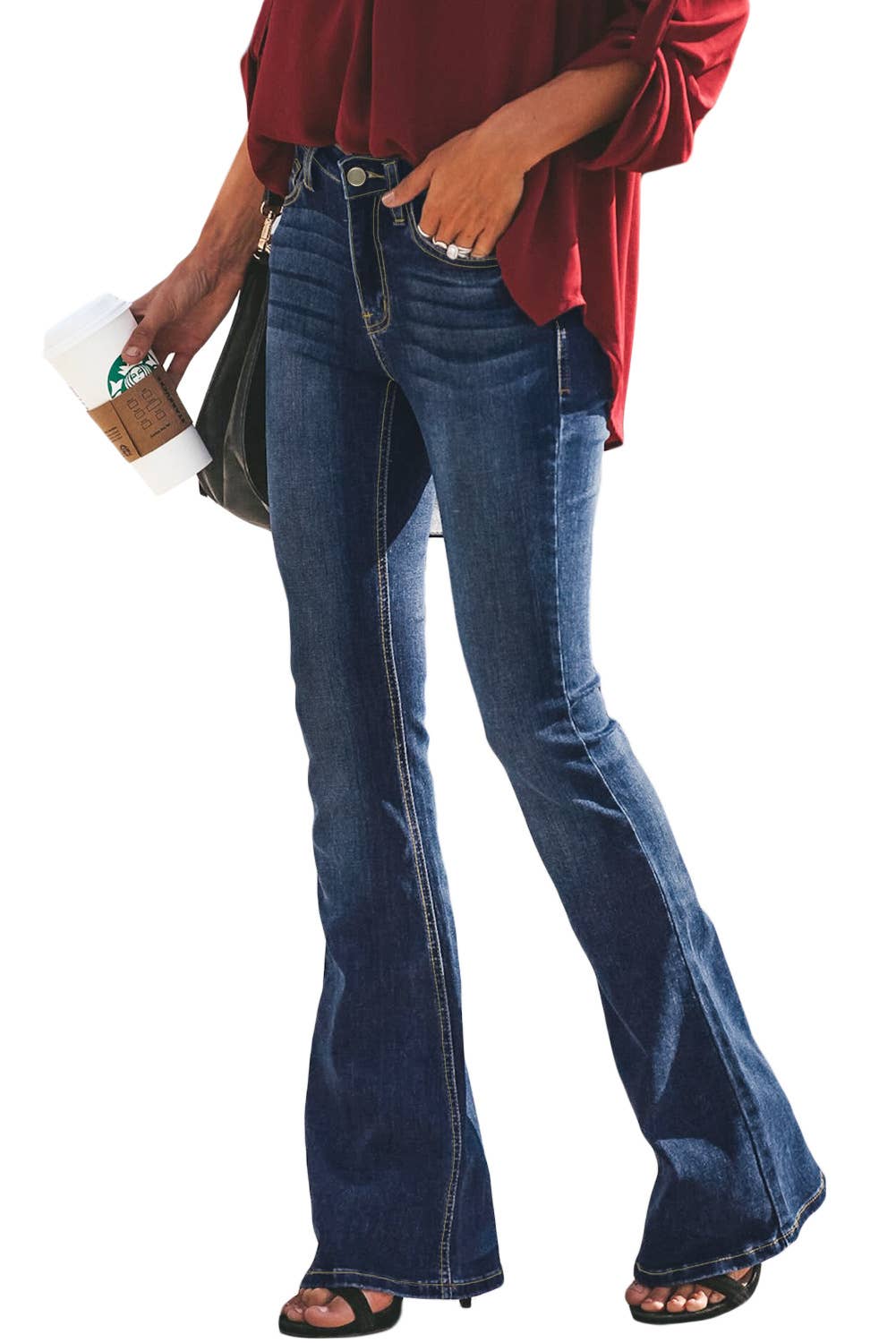 Fitted and waist-cinching long flared jeans