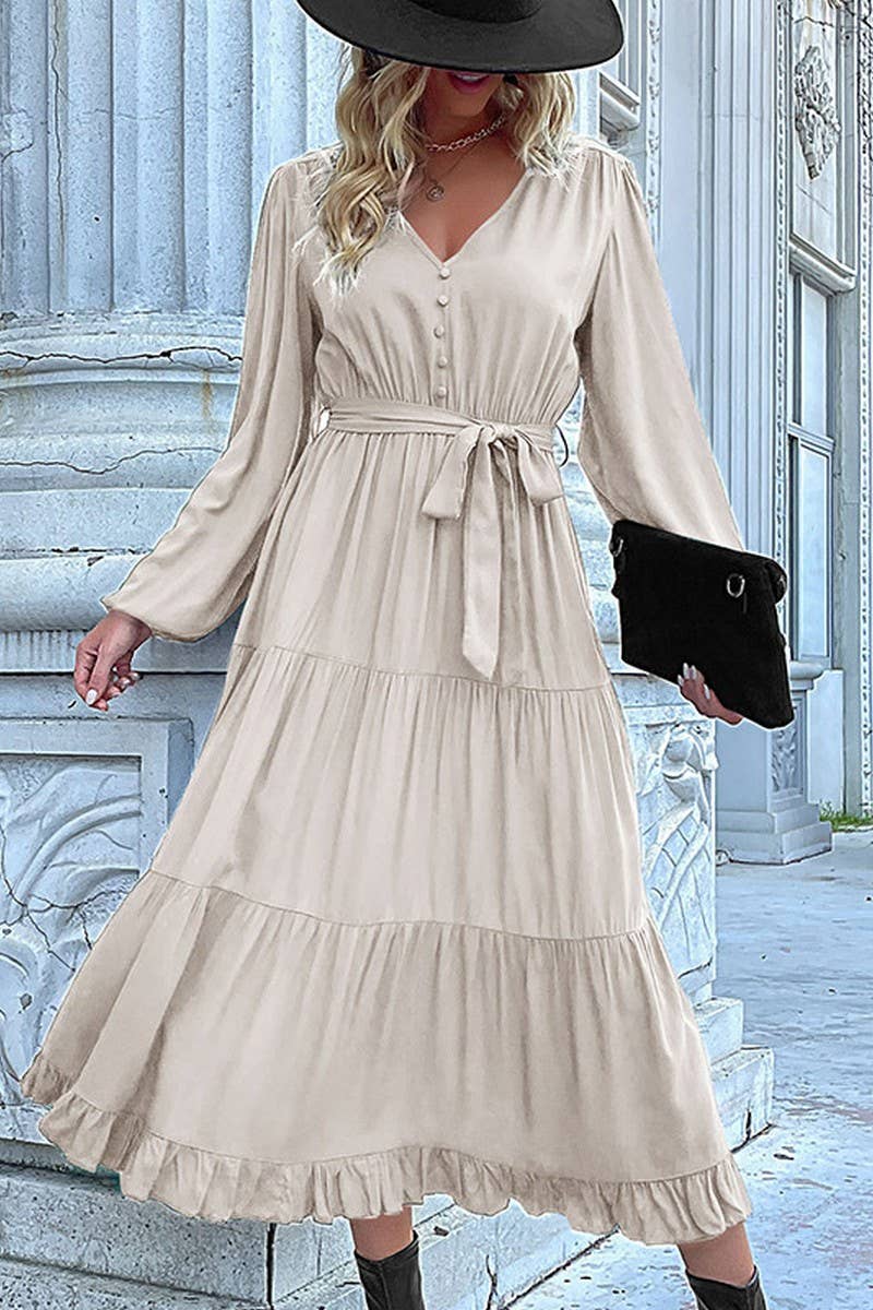 CWDMD01042_CASUAL WORK TIE WAIST LONG SLEEVE DRESS