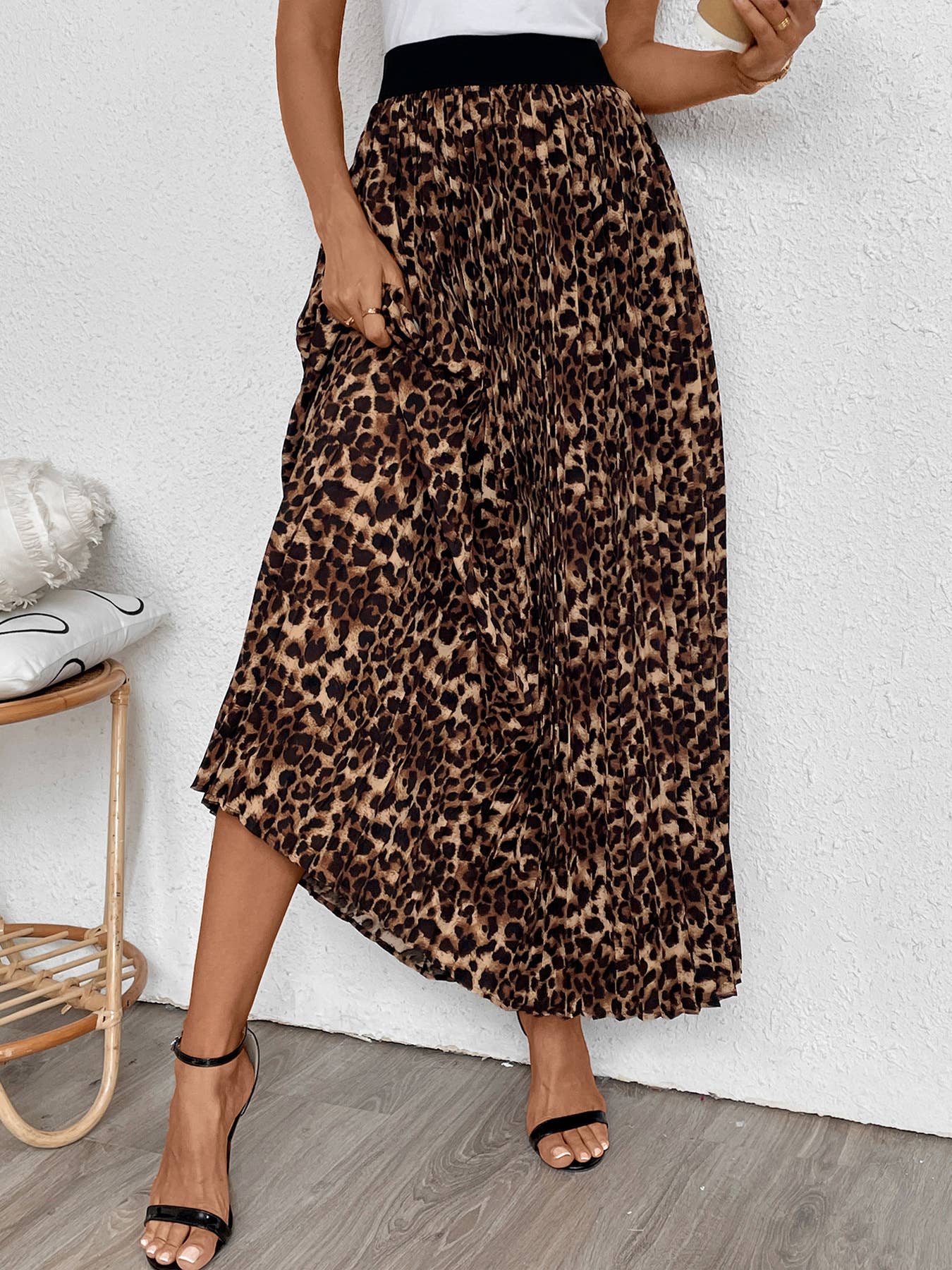 TEMPERAMENT COMMUTER LEOPARD PLEATED SKIRT