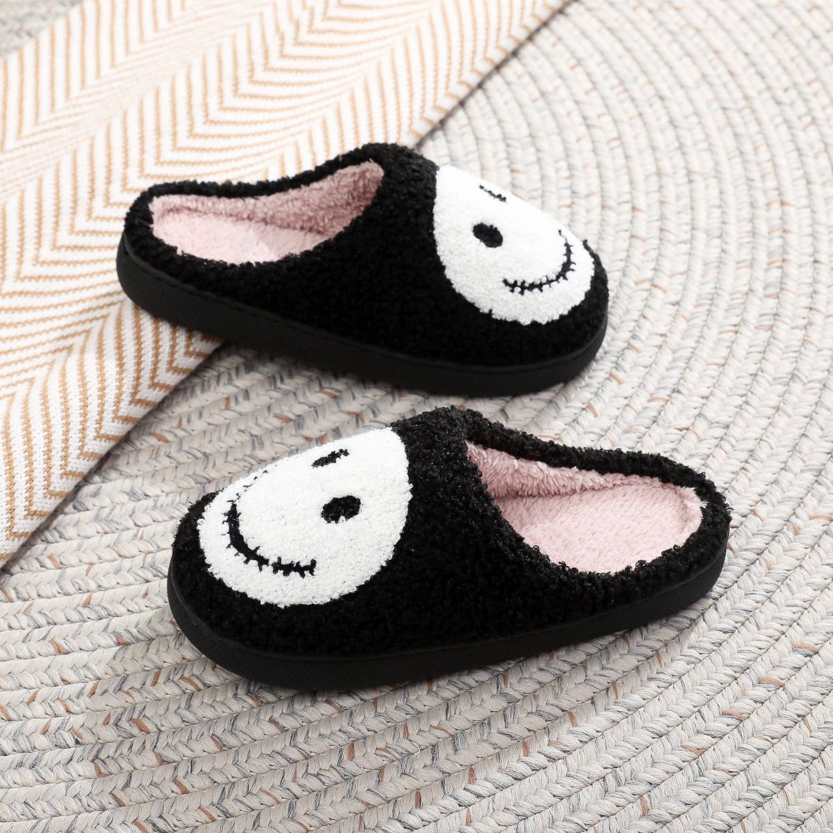 HALLOWEEN SMILEY FACE EMBROIDERED COTTON SLIPPERS