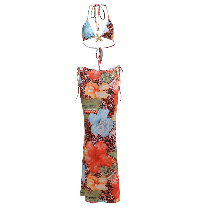 Sexy Tie Front Printed Bikini Three-Piece Set