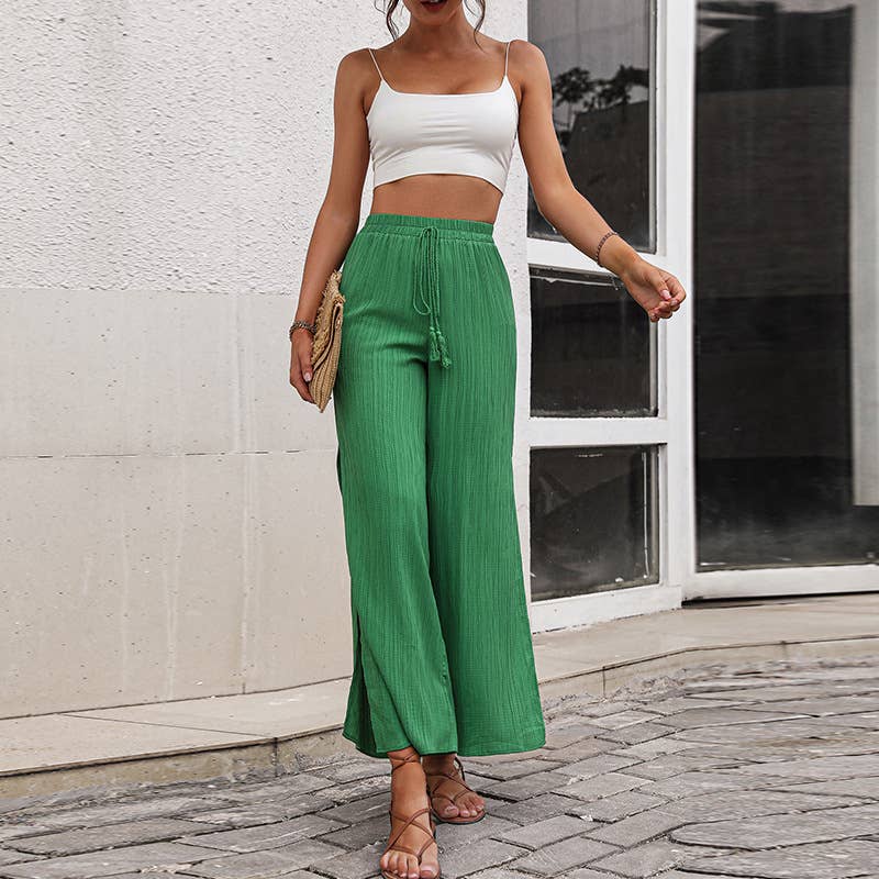 SIDE SLIT HIGH-WAISTED CASUAL WIDE-LEG PANTS