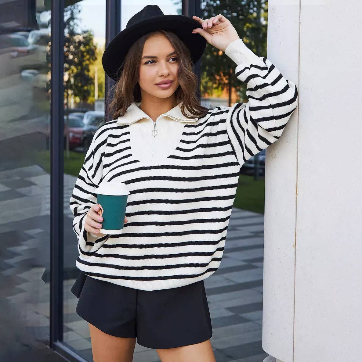 Striped lapel half-zipper pullover sweater