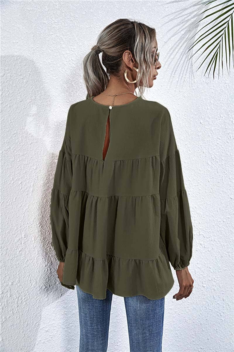 SOLID COLOR ROUND NECK LANTERN SWING LOOSE TOP