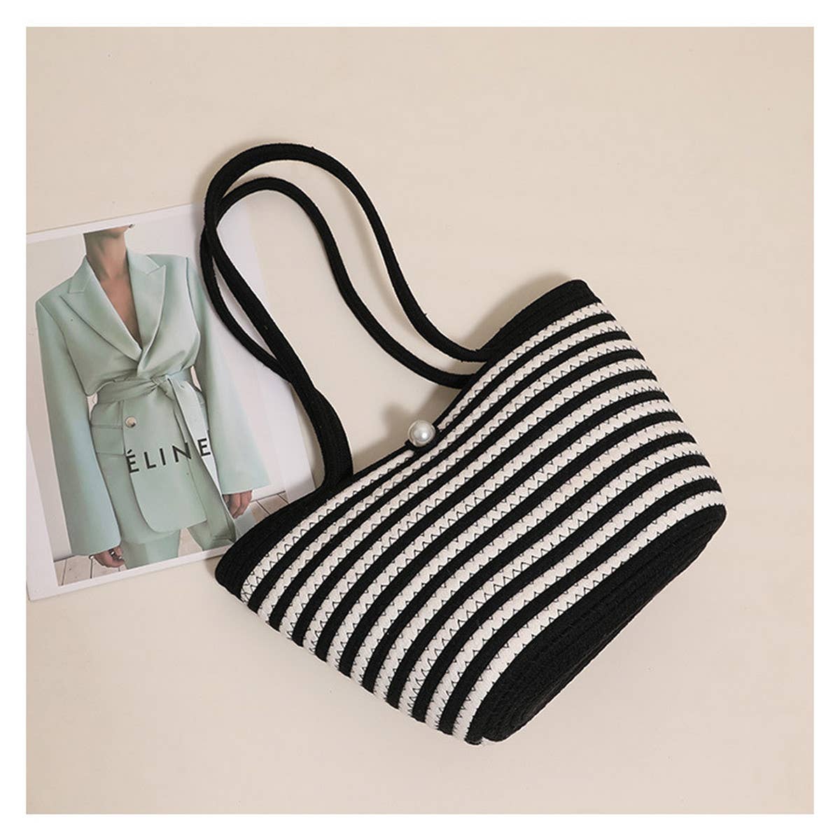 LARGE CAPACITY STRIPED SHOULDER BAG STRAW BAG_CWAB1882