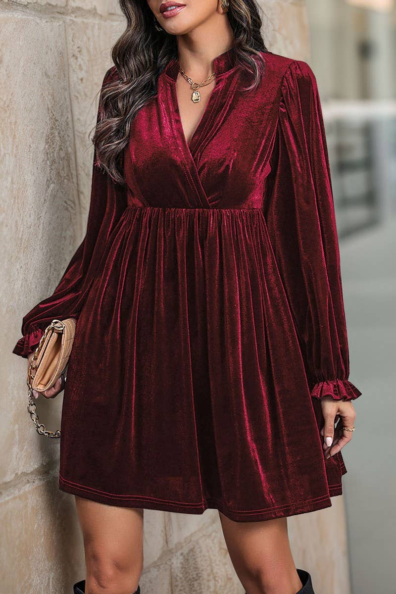 CWDSD6217_V-NECK LONG-SLEEVED GOLD VELVET DRESS