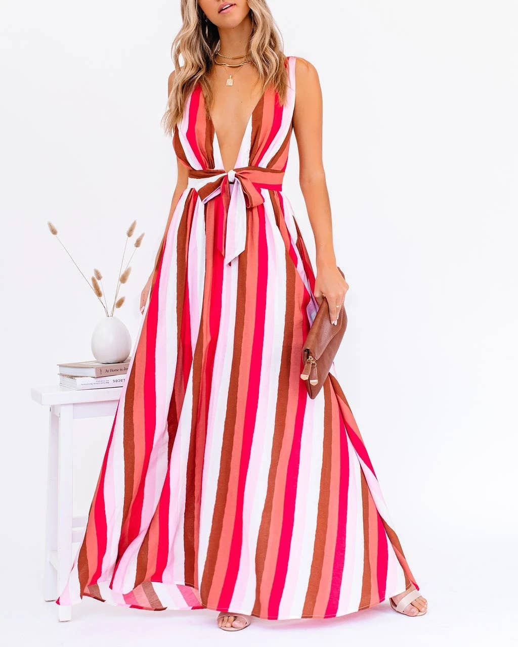 SEXY HALTER DEEP V STRIPED CASUAL DRESS