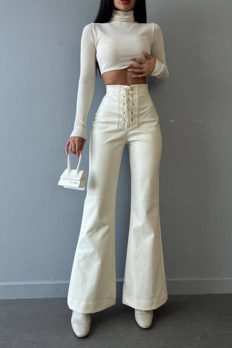 WOMEN STRAP TIED HIGH WAIST BOOT CUT LONG PANTS_CWBLP0346